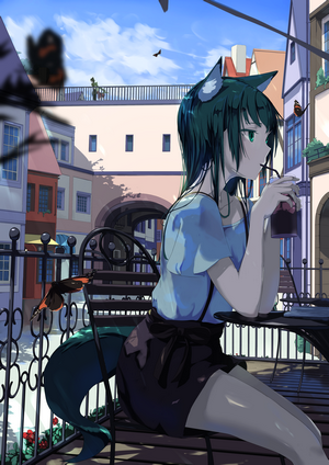 Anime girl with animal ears drinking a beverage