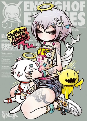 Anime girl with teddy bear and monster