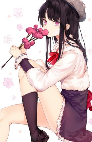 Anime girl with black hair holding pink flowers