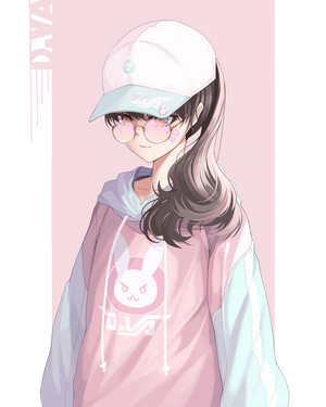 D.Va from Overwatch wearing a pink hoodie and cap