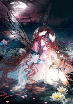 Anime girl with red hair and butterfly wings holding a lantern