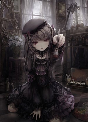 Anime girl in Gothic dress holding a paintbrush