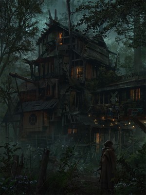 Concept art of a dilapidated wooden house in a misty forest