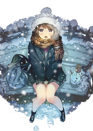 Anime girl in winter clothes sitting on a bench