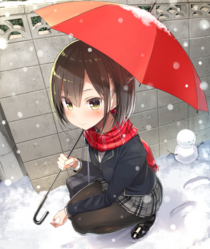 Anime girl with red umbrella in snow