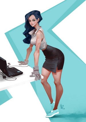 Woman with blue hair and gloves by Lê Long