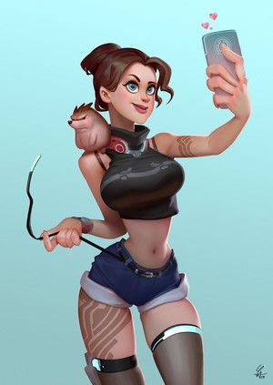Woman taking a selfie with a small creature on her shoulder