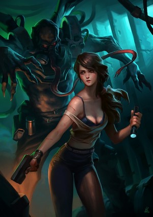 Woman with gun and flashlight pursued by creature