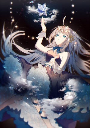 Anime girl with blue eyes reaching for a star