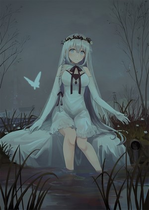 Anime girl with white hair and flower crown in a swamp
