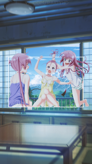 Anime girls playing in a room with a mountain view