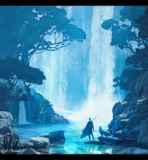 Man and wolves by a cyan waterfall