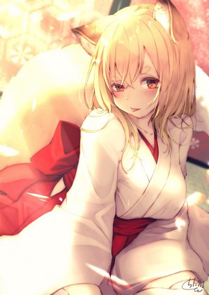 Blonde Fox Girl Miko with Red Ribbon