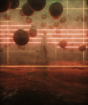 Abstract 3D artwork with spheres and neon lights