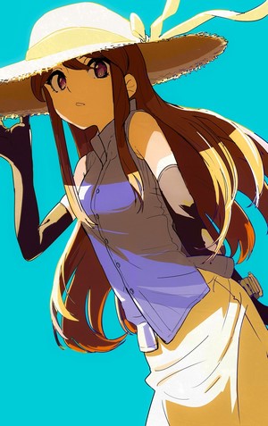 Anime girl with long brown hair and hat