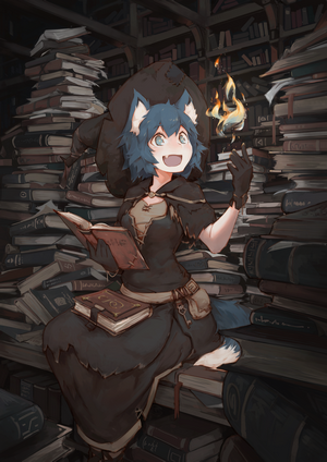 Anime girl with blue hair and animal ears reading a book