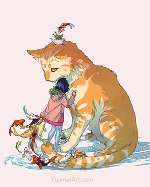 Girl Hugging Giant Cat with Koi Fish