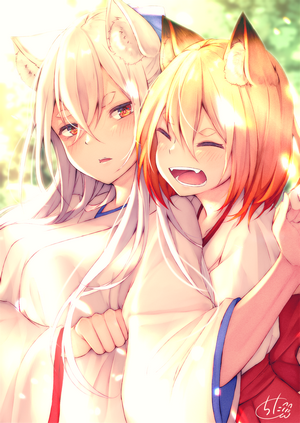 Two fox girls in kimonos, one hugging the other
