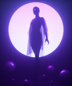 Surreal digital art render with glowing figure