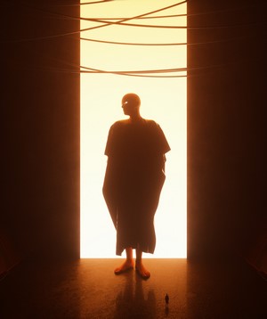 Surreal digital art render of a figure in a robe