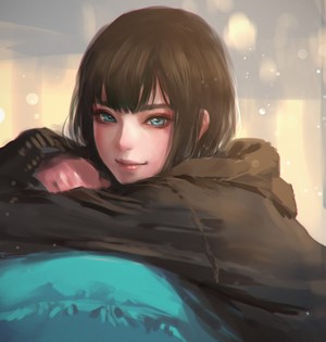 Anime girl with blue eyes in hooded jacket