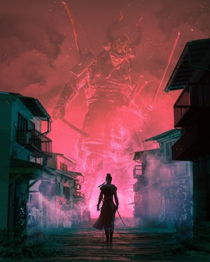 Giant Samurai Warrior Appears Over a Village
