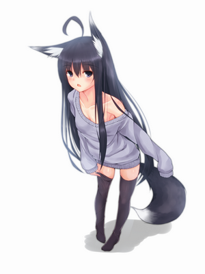 Anime fox girl with long black hair and tail