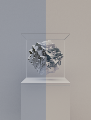 Abstract geometric sculpture in a glass box