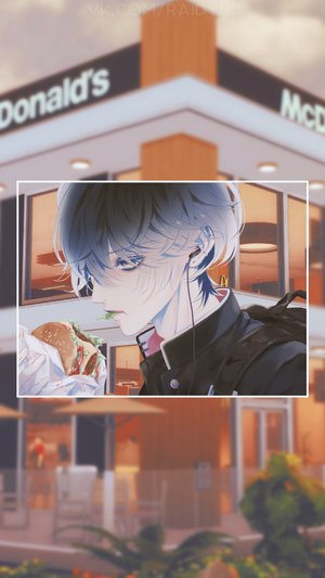Anime boy eating a burger at McDonald's