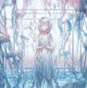Anime girl in a dress surrounded by jellyfish underwater