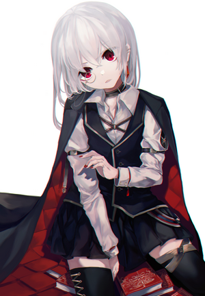 Anime girl with white hair and red eyes wearing a cape
