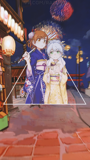 Anime girls in kimonos at a festival with fireworks