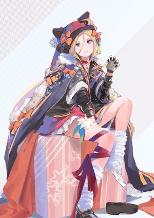 Anime girl with blue eyes sitting on a gift box