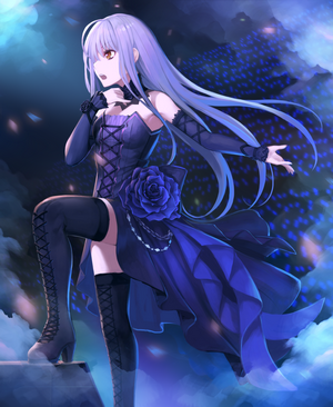 Anime girl with long purple hair in a dark dress