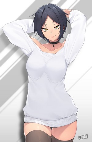 Anime girl with short black hair wearing a white sweater