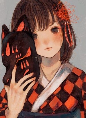 Anime girl with fox mask and kimono