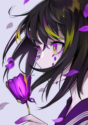 Anime girl with purple flower and petals
