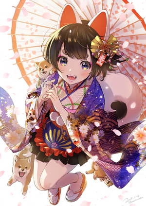 Girl with fox ears in kimono with Shiba Inu dogs