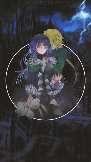 Anime couple embracing in front of a castle