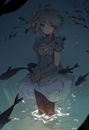 Anime girl with blue eyes surrounded by fish
