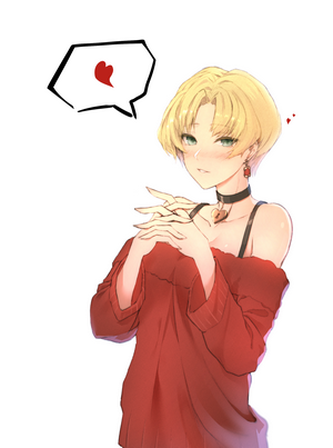 Anime girl with blonde short hair and red off-shoulder top