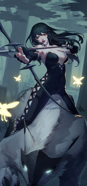 Anime girl with bow riding a wolf with fairies