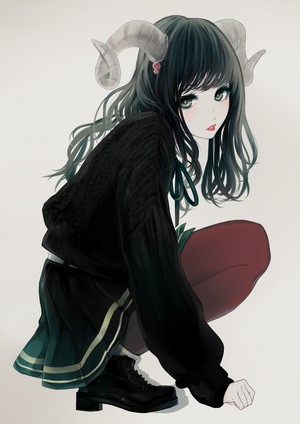 Anime girl with ram horns crouching