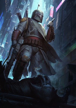 Boba Fett from Star Wars standing over a defeated foe