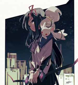 Akemi Homura from Puella Magi Madoka Magica with Kyubey