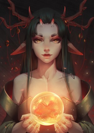 Fantasy girl with antlers holding a glowing orb