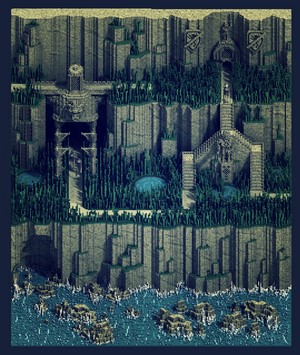 Pixel art voxel artwork of a rocky cliffside with stairs and water