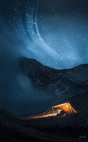 Tent under starry sky with aurora