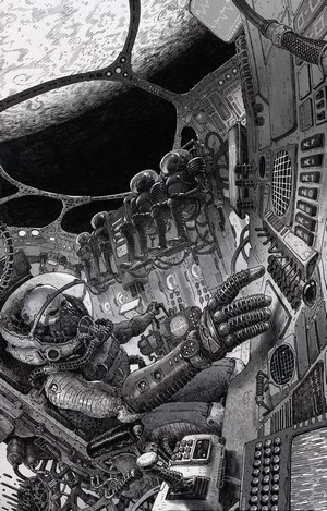 Astronauts in a spaceship cockpit with a planet outside