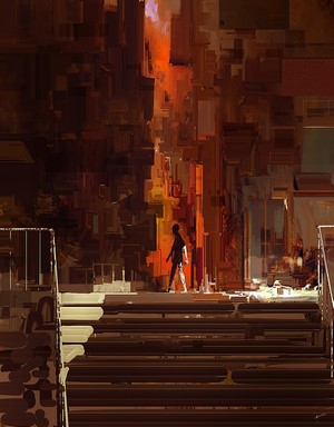 Digital artwork of a person walking up stairs in a city